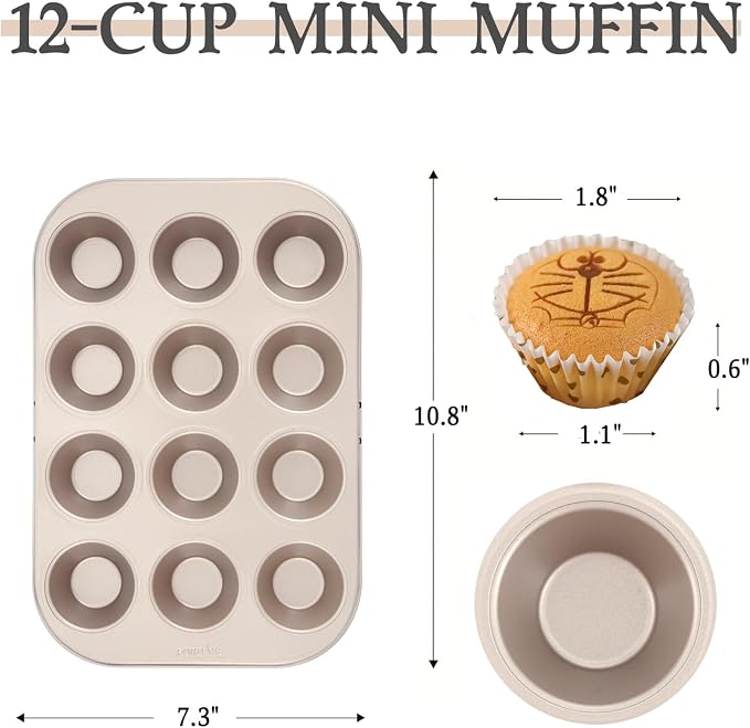 Mini Muffin Pan Set, 12-Cup Nonstick Carbon Steel Baking Pans, 2 Pack | Even Heat Distribution with Easy Release Surface for Mini Muffins and Cupcakes