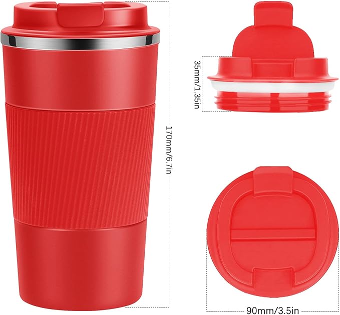 YINJAM 17oz Travel Coffee Mug Insulated Coffee Cups to Go with Leakproof Lid Vacuum Stainless Steel Double Walled Thermal Car Coffee Tumbler for Hot Cold Ice Tea Drinks Reusable (Red, 17oz) | 510ml Reusable Leakproof Camping Tumbler with Lid for Hot Co...