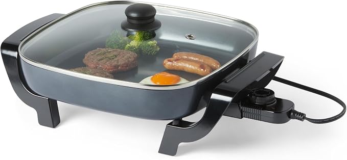Amazon Basics Electric Skillet and Frying Pan with Glass Lid, Nonstick Ceramic Coating, Adjustable Temperature Control, 15.6 x 12.1 x 6.9 inch, Black