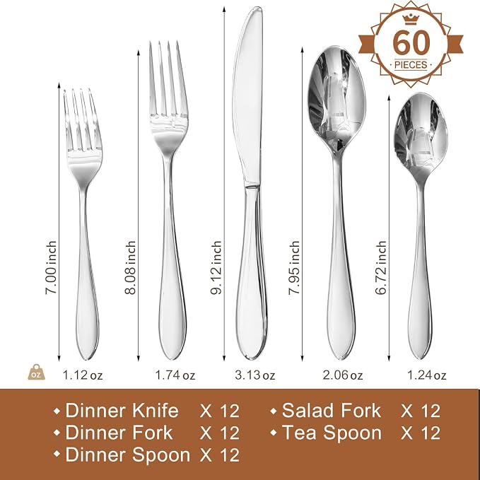 60-Piece Silverware Set for 12,18/10 Premium Stainless Steel Flatware Set, for Home, Restaurant, Wedding and Party Use, Mirror-Polished Cutlery Set, Dishwasher Safe