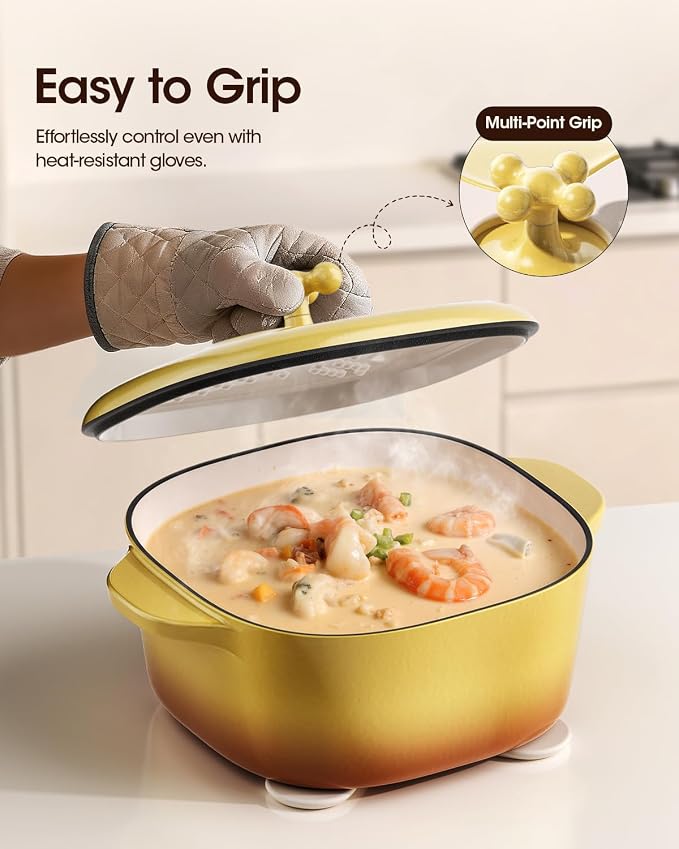 5 Quart Enameled Cast Iron Dutch Oven Pot with Lid, Bright Yellow | 6-Layer Nonstick Enamel, Extra Capacity Oval Design, Heavy Self-Basting Lid, Heat-Resistant Silicone Pad Included