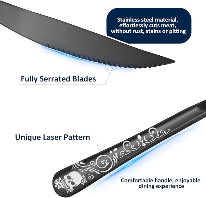 Skull Ultra Sharp 2-IN-1 Serrated Knives, SANLUNS Chef Knife Set Serrated Knives of 12 - Professional Design Collection - 18/0 Stainless Sharp Dinner Knive Unique Skull Pattern Design
