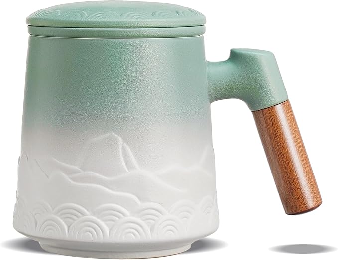 ZENS Tea Mug with Infuser and Lid for Loose Leaf Tea Diffusers, 16.9oz | Embossed Ceramic Tea Cup with Infuser, Tea Steeper for Loose Tea Lovers Gifts, Wood Handle, Moss White
