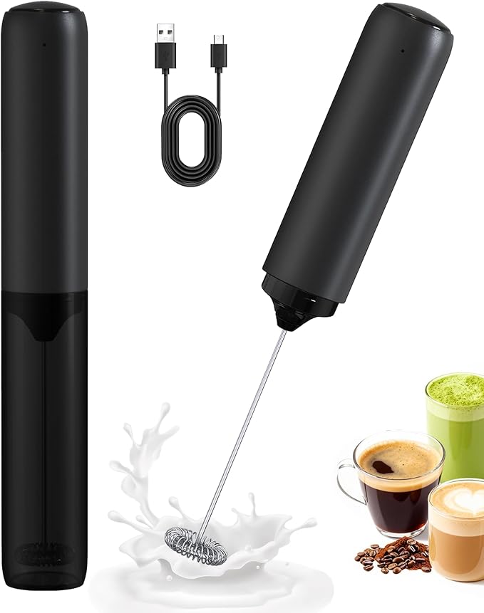 Electric Milk Frother Handheld Foam Maker, Black | TYP-C Rechargeable, with Cover - Portable Hand Frother for Coffee, Latte, Matcha, Cappuccino & Hot Chocolate