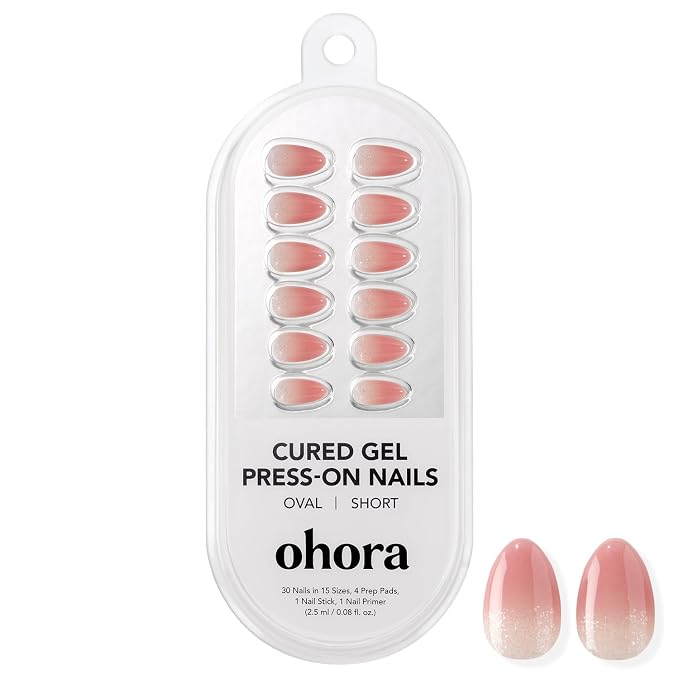 ohora Gel Press On Nails | Pink, Glitter Ombre, Short Oval | Rosy Glow | Salon-Quality, 100% Real Gel, No UV Lamp, No Glue, Non-Toxic | 15 Sizes, 30 Tips | Long Lasting, press on short