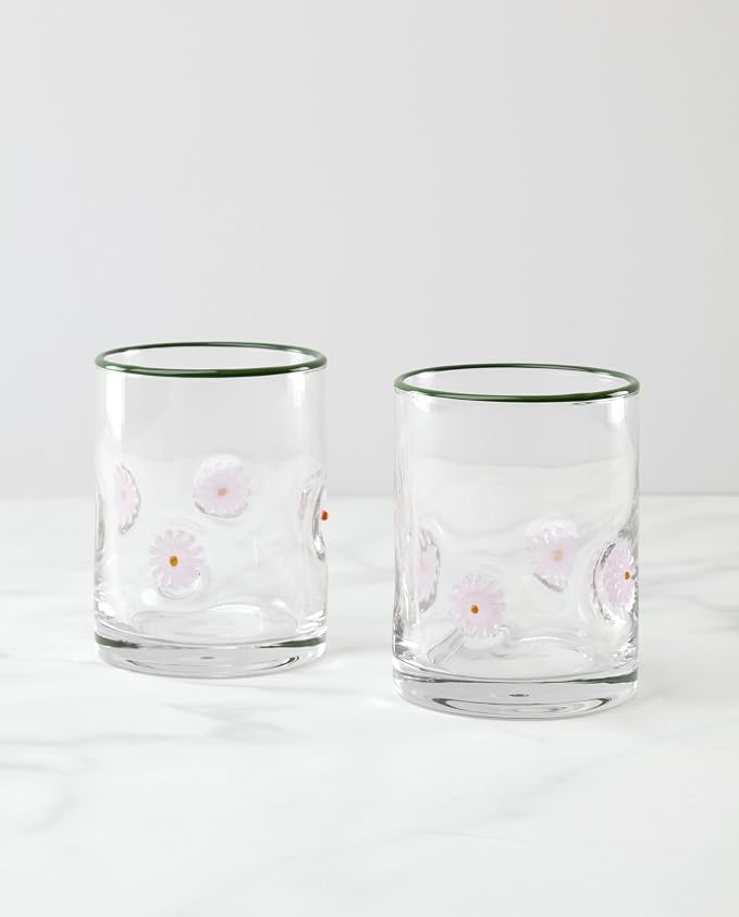 Oneida 24 Seven Flower Glass Tumblers, 12-Oz, Set of 2 | dishwasher safe, glass | embossed daisy design | 12oz cups, cute floral water drinking glasses, gift for mom and women