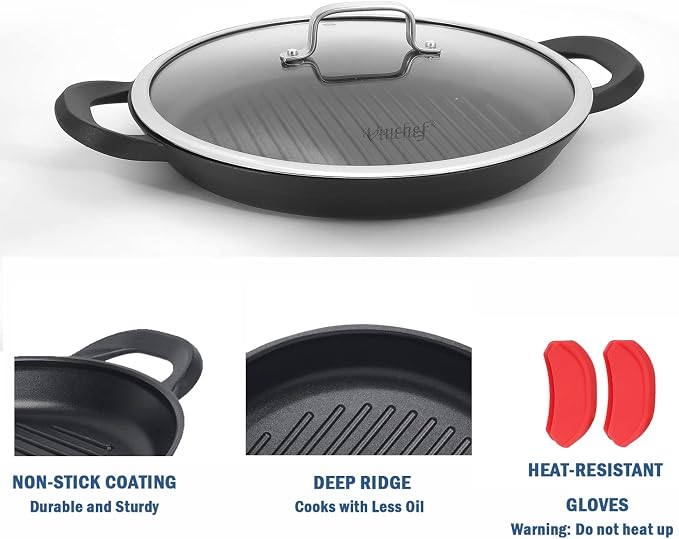 Vinchef 13in Nonstick Grill Pan with Lid | Dishwasher Safe, Oven Safe