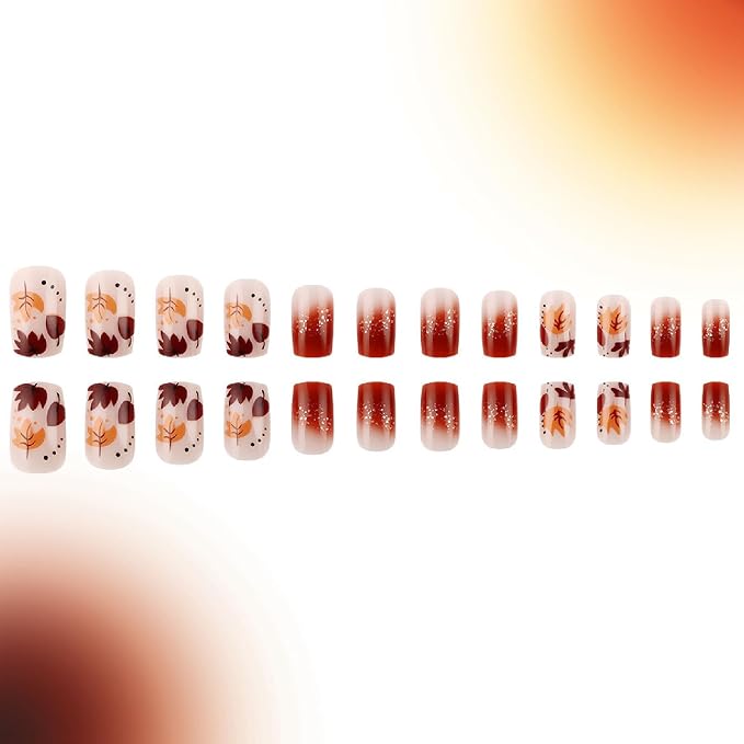 24 Pcs Fall Press on Nails Medium Square Fake Nails with Ombre Maple Leaves Glitter Designs Nails Press ons Brown Orange Acrylic Nails Autumn Stick on Nails for Women