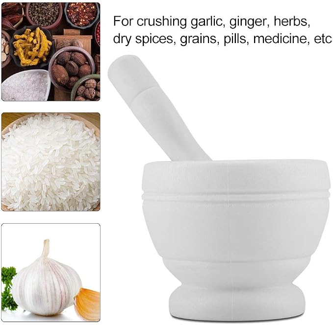 Mortar and Pestle Set, Manual Garlic and Seasoning Grinder with Non Slip Base Grinding Bowl for Crushing Seasonings, Making Paste, Guacamole and More (White)