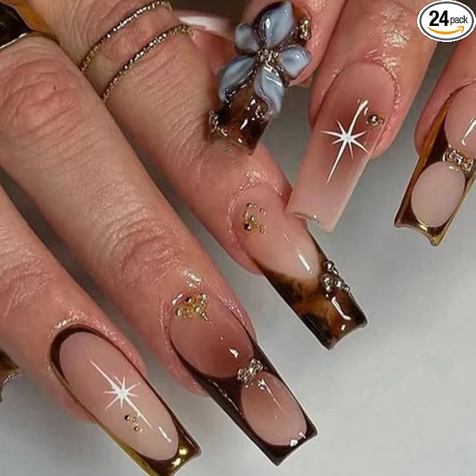 WLGDLH Brown French Tip Press on Nails Medium Square Fake Nails Press ons Nail Tips Kit with Flower Leopard Print Design Nude Glossy False Nails Full Cover 3D Gold Beads Glue on Nail for Women 24Pcs