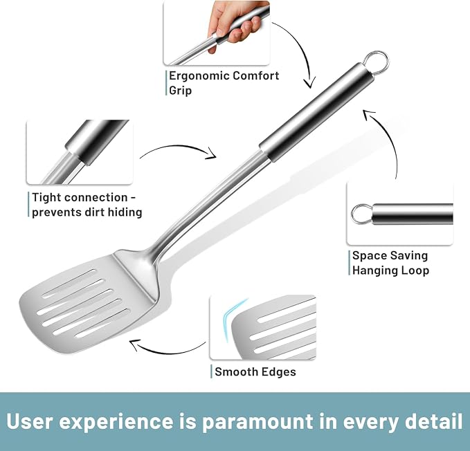 Pleafind Stainless Steel Cooking Utensils Set, 6 Pcs Heat Resistant Kitchen Utensils Set, Nonstick Kitchen Tools for Cooking, Baking, Metal Spatula Set for Chef, Dishwasher Safe