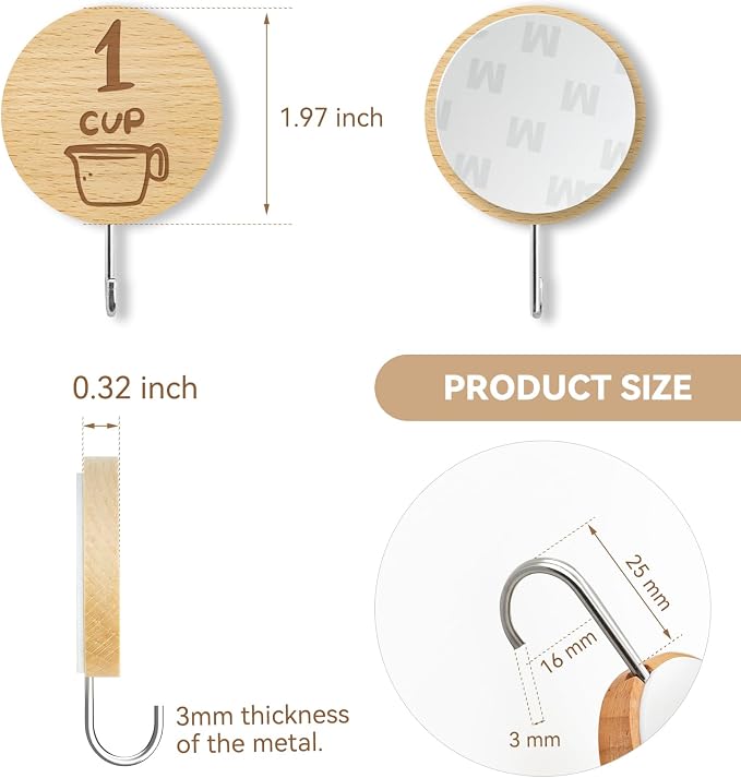24 Pack Wooden Hooks for Organizing Measuring Cups and Spoons with Stickers