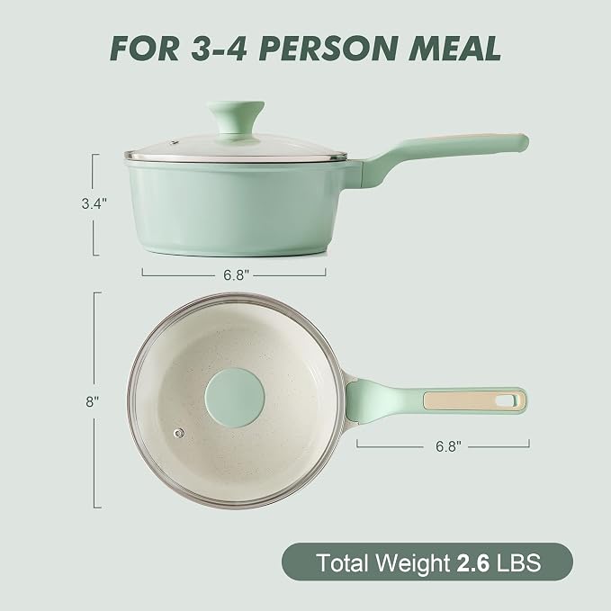 SENSARTE 2.5 QT Ceramic Nonstick Saucepan with Lid, PTFE/PFAS Free, Green | Medium Cooking Pot with Stay Cool Handle, Induction Compatible Saucepot, Ceramic Coating
