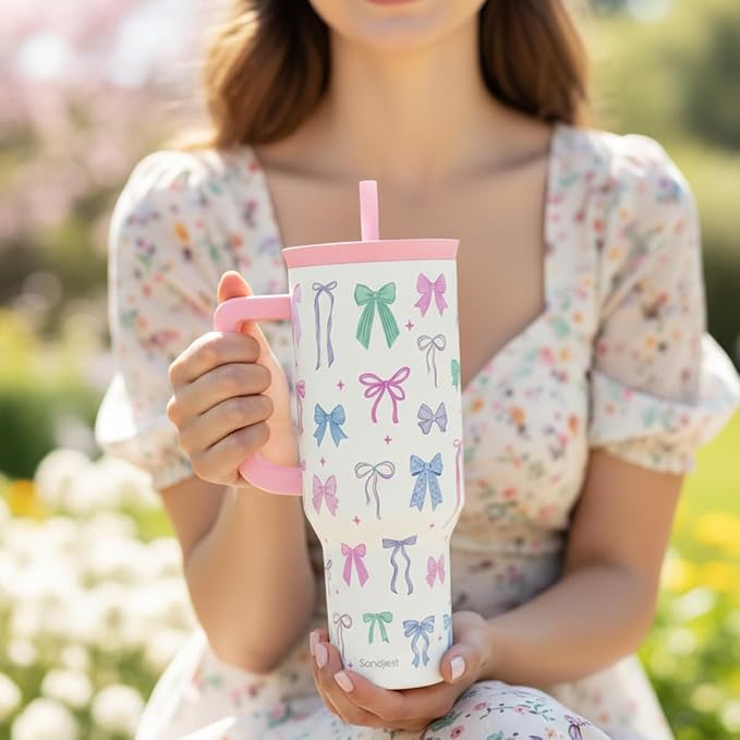 SANDJEST Bow 40oz Tumbler With Handle and Straw, Insulated Stainless Steel Travel Coffee Mug for Women Girls Bow Lovers, Gift Idea for Birthday Christmas Mothers Day