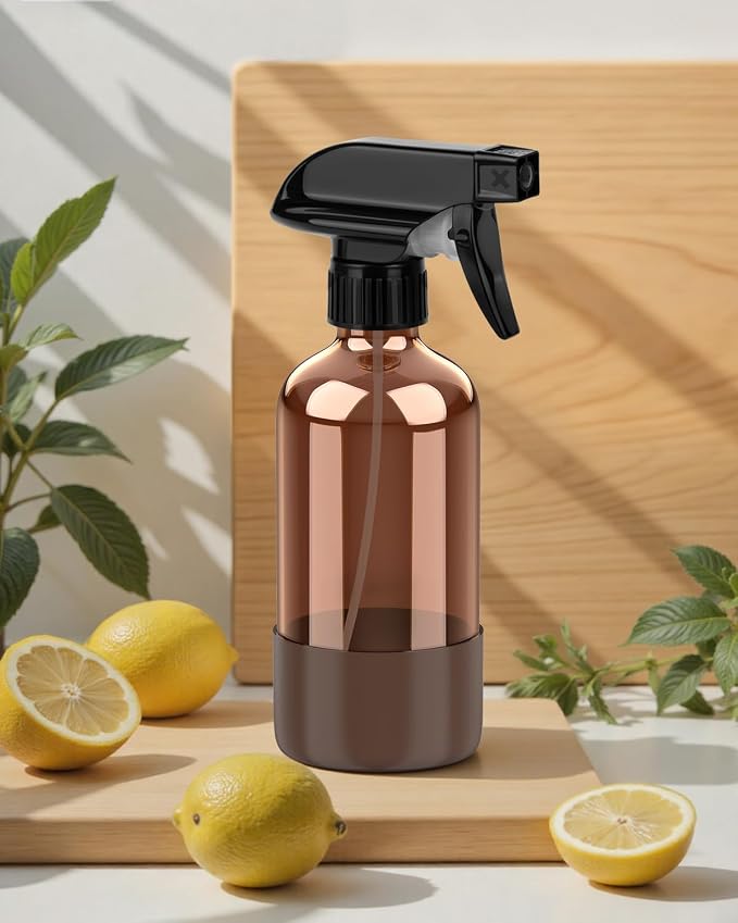 Bontip Amber Glass Spray Bottle, 8 oz with Brown Silicone Sleeve, 1 Pack | Refillable amber glass bottle, With protective silicone sleeve, BPA-free, UV shielding, Great for cleaning solutions,plants