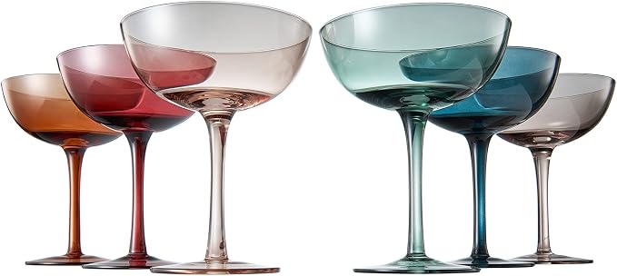 Beautiful Colored Martini, Champagne & Cocktail Luxury Coupe Glasses | Set of 6 | Crystal 6 6oz - Stemmed Goblet Drinking Cups, Color Gift Set - Her, Wife & Mom - Colorful Drinkware - Water, Wine