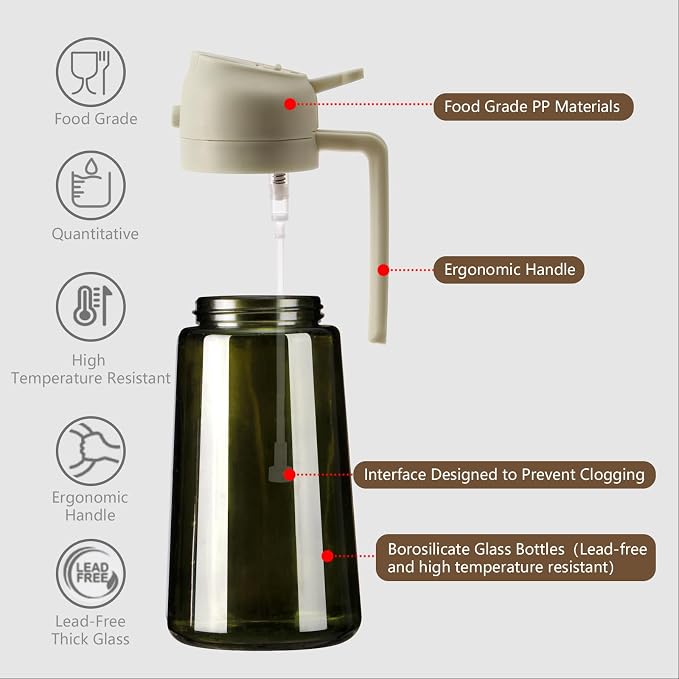 SWEET VIEW 2PCS Olive Oil Dispenser and Oil Sprayer | 16oz/470ml Glass Light-Proof Oil Pourer for Kitchen Air Fryer, Cooking, Salad, and BBQ, with Stickers