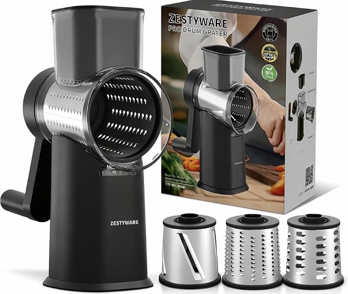 Rotary Cheese Grater Hand Crank with Foldable Handle, Three Blades | Perfect Graters for Kitchen, Fresh Cheese, Vegetables, Nuts, Shredder Hand Crank with Suction Base, Rotary Grader