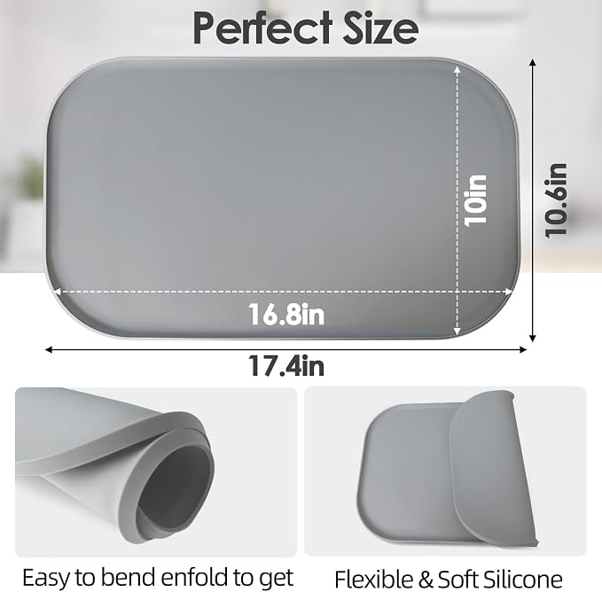 Silicone Coffee Maker Mat with Lip for Countertops, 17.4'' x 10.6'', Grey | Multi leak-proof coffee tray for countertop, non-slip silicone mat fits most coffee makers & espresso machines, wipe-clean