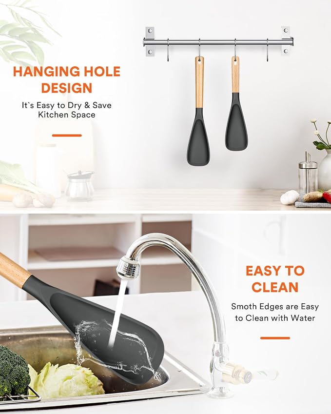 Multifunction Cooking Spoons for Nonstick Cookware,11.4"&13.4",Grey | Great for Cooking and Serving, Sturdy BPA-Free Matte Silicone, Wood Handle spoonula for Mixing, Scoop, and Scrape