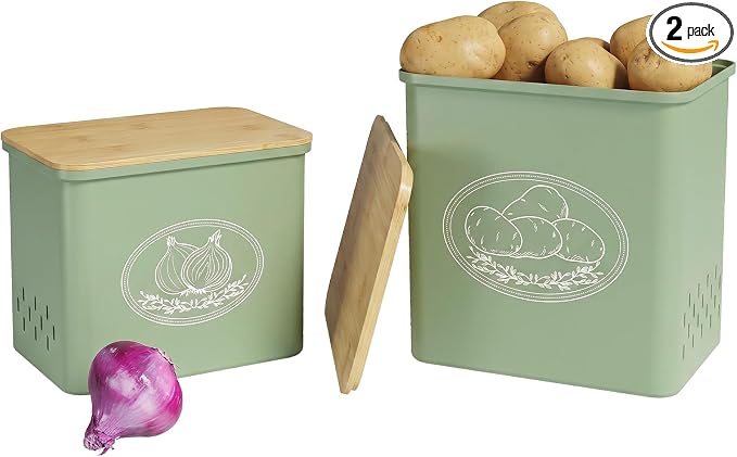 Lifewit Plastic Potato and Onion Storage Bin Box, Set of 2, Green | Stackable Garlic Keeper, Vegetable Container Box, Aerating Holes & Lid for Pantry Countertop