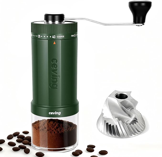 CEVING World's First 60g Large Capacity Manual Coffee Grinder, Green | 40 External Settings, Portable Hand Coffee Bean Mill with Stainless Steel Conical Burr for Travel, Camping, Pour Over & Gift