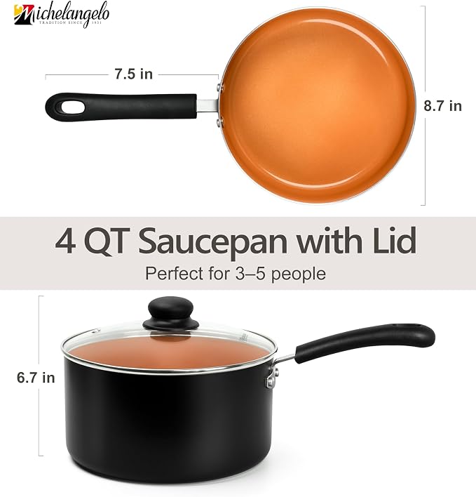 MICHELANGELO 4 Quart Sauce Pan with Lid, Nonstick Saucepan with Ceramic Coating, 4 QT Saucepan with Lid, Non-Toxic Saucepan with Stay-Cool Handle, Induction Compatible,Copper