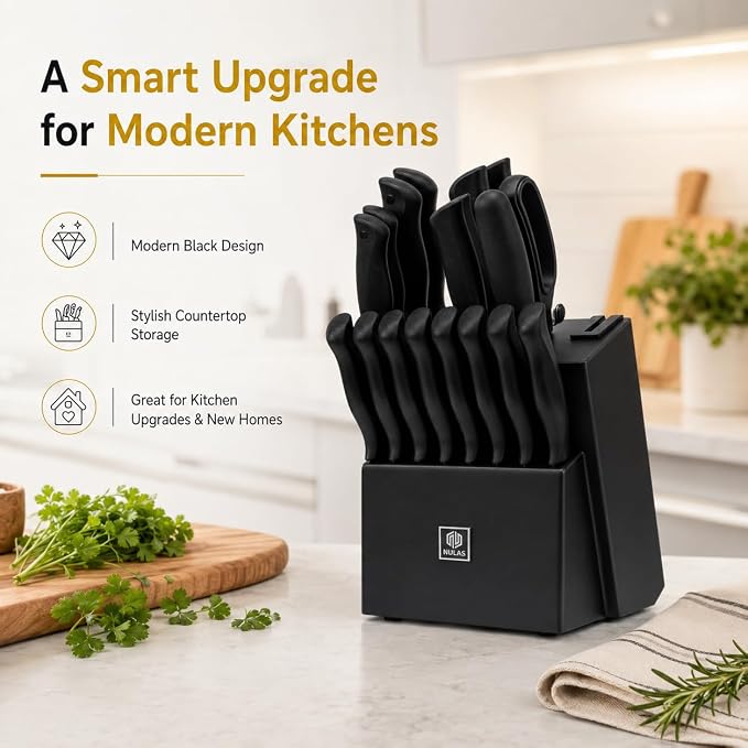 19-Piece Kitchen Knife Set with Block and Built-In Sharpener, Black | High-carbon stainless steel blades, nonstick coating, ergonomic handles and dishwasher-safe care
