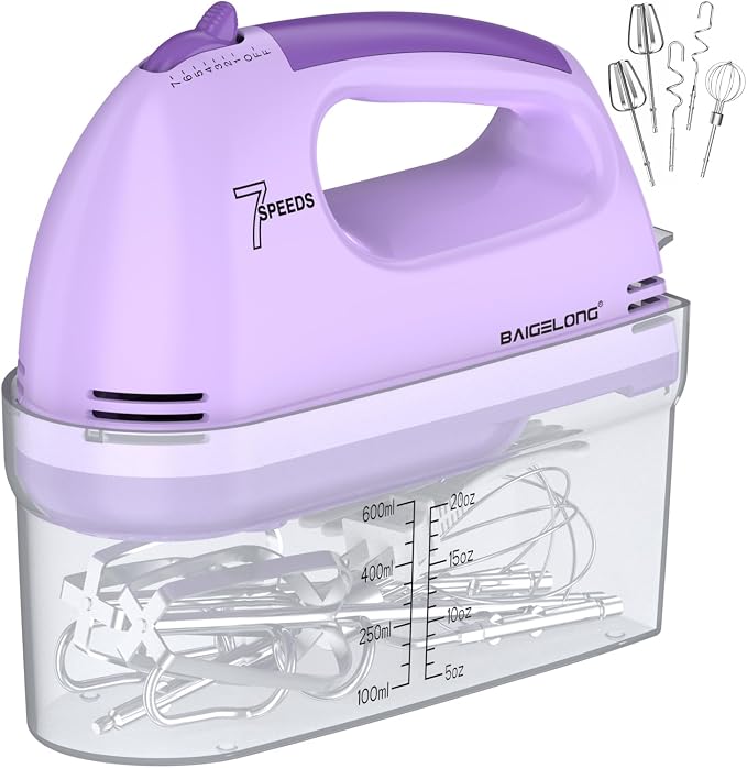 BAIGELONG Hand Mixer. 7-Speed Adjustable Kitchen Electric Mixer. With 5 Stainless Steel Attachments: 2 Hooks, 2 Beaters, 1 Whisk. Comes 1 Storage Box. Perfect for Bakers and New Starters. Purple