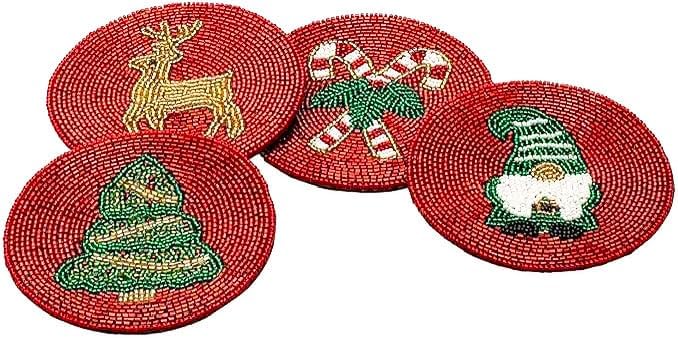 Folkulture Cute Coasters,Set of 4 for Drink,Waterproof, Boho Table Décor | Holiday Magic Beaded Handmade Round Drink Coasters for Coffee Table & Bar, Hand-Crafted Cute Coasters for Housewarming Gifts