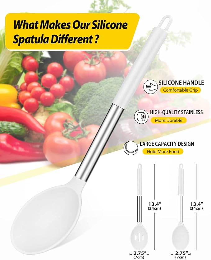 BUNDLEPRO Silicone Cooking Spoons for Non Stick Cookware, 2 Pack, White | Heat Resistant, Large Kitchen Spoons for Mixing, Serving, Draining, Stirring