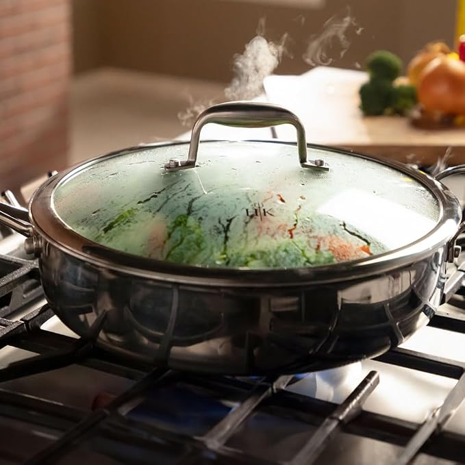 Hell's Kitchen Hybrid 4 Qt Sauté Pan and lid, Tri-Clad Stainless Steel and Nonstick Ceramic, PFAS Free, no PFOA, no PTFE, no Teflon, Non Toxic Cookware, Metal Utensil Safe, All Cooktops and Oven Safe | Induction Cookware, Saute Pan With Lid, Tri Clad S...