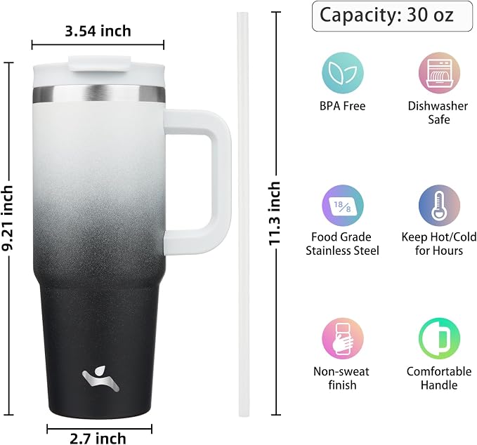 Konokyo 30 oz Insulated Tumbler Water Bottle with Handle, Straw Lid | BPA-free and dishwasher safe; made for gym, travel, coffee and gifting, 2 straws, cup holder friendly,Day Night