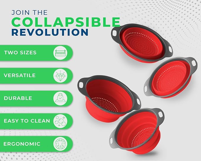Comfify Ultimate Kitchen Strainers Set of 2 - Collapsible Silicone Colanders For Easy Storage - Use with Pasta & Veggies or as a Fruit or Berry Bowl with Strainer - Irreplaceable for Campers - Red | Red; silicone; set of 2 (8" & 9.5"); collapses to 1.2...