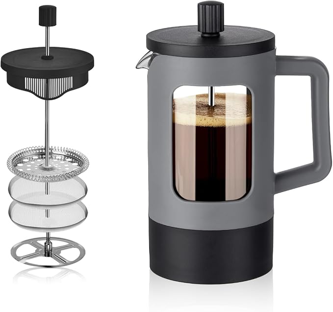 YOLIFE French Press Coffee Maker 12 oz, Camping Mini Coffee Press Grey | Heat-resistant Borosilicate Glass, Portable for Travel