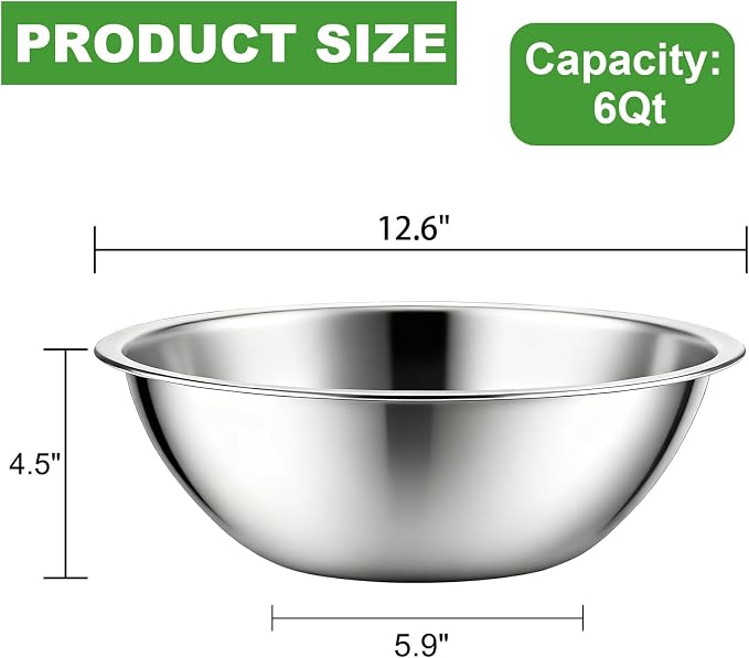 3 Pack Stainless Steel Mixing Bowls, 6 Quart Flat Base Stainless Steel Serving Bowls, 12.6 Inch Mirror Polish Large Metal Bowl Set for Kitchen Cooking, Baking, Prepping