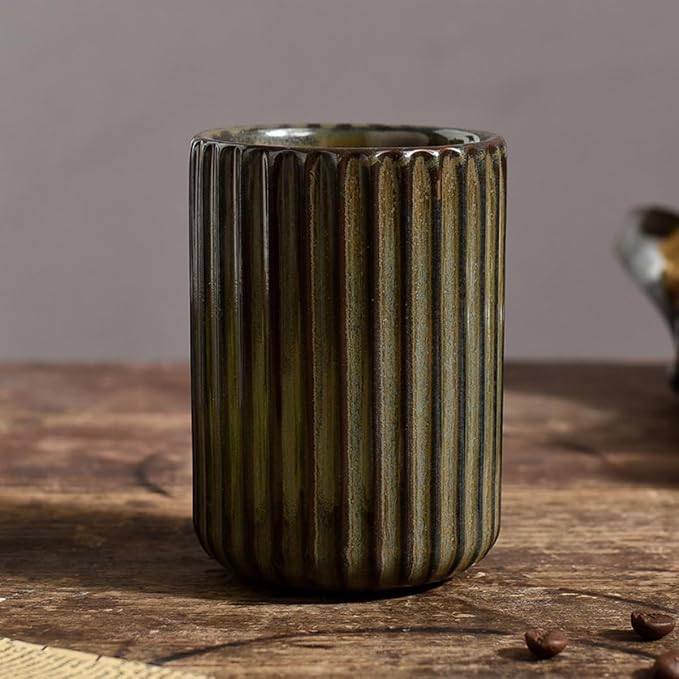 TOPYOKK Stoneware Coffee Bar Utensil Holder Tea & Coffee Spoon & Stirrer Holder for Stir Stick Straw Teaspoon Holder Espresso Spoon Cup Small Utensil Jar Fluted Vertical Stripe (Retro Bronze)