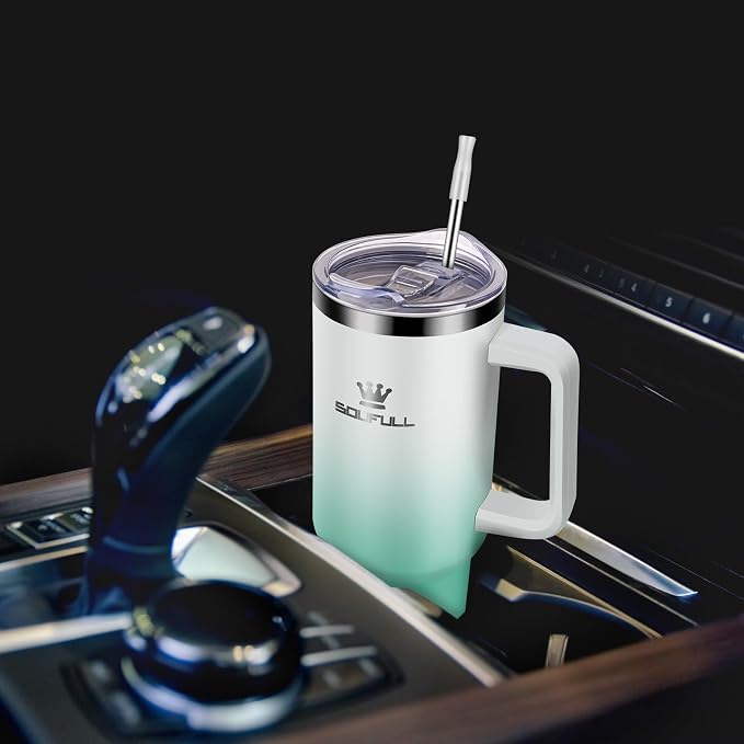 40 oz Tumbler with Handle and Straw Lid, 100% Leak-proof, WhiteGreen | Stainless Steel Insulated Travel Coffee Cup, Keeps Cold 34Hrs or Hot 10Hrs, Dishwasher Safe