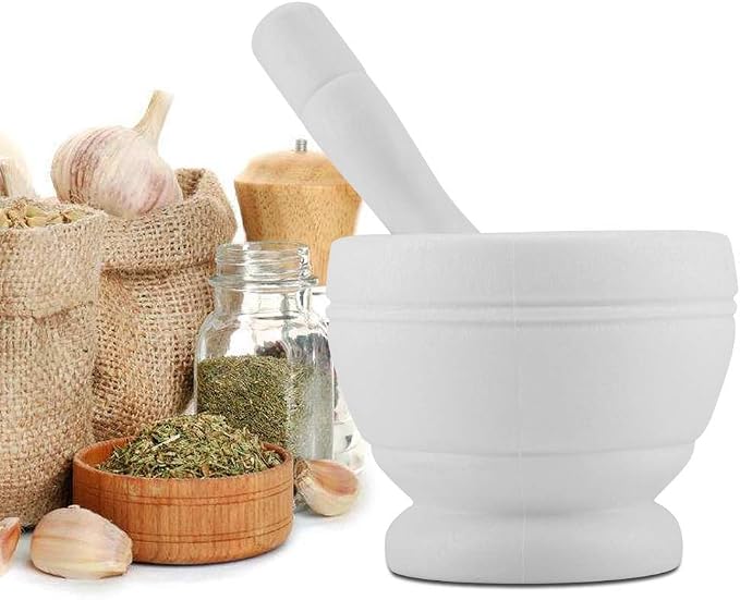 Mortar and Pestle Set, Manual Garlic and Seasoning Grinder with Non Slip Base Grinding Bowl for Crushing Seasonings, Making Paste, Guacamole and More (White)