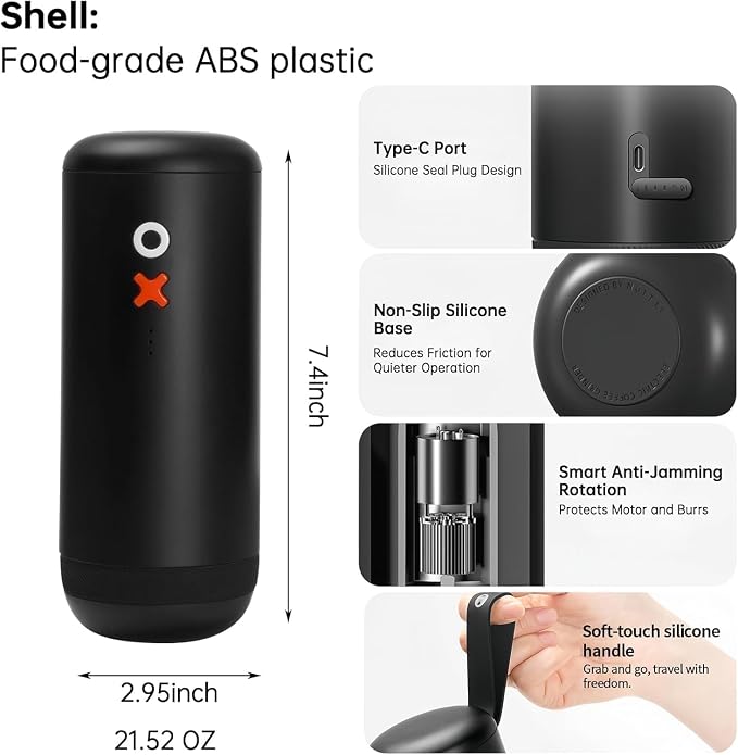 Nuttii Burr Portable Coffee Grinder, Electric Quiet Adjustable Conical Burr | Matte Black 20 Grind Settings, Espresso Pour-Over French Press Moka, Home Travel Use
