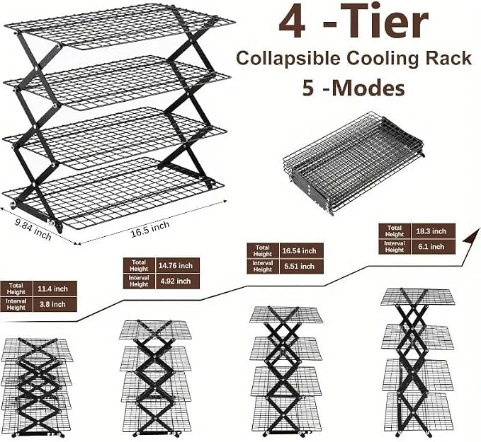 INNOVATIVE LIFE 4-Tier Collapsible Cooling Rack with 3-Setting Adjustable Design, Space Saving Metal Food Display Stand, Stackable Multi-Purpose Roasting Cooling Rack for Baking Cooking Cookies Picnic