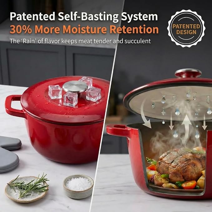 7QT Enameled Cast Iron Dutch Oven,Concave Self-Basting Lid,Red | Versatile,heavy-duty Large Dutch oven,PFAS-free,oven safe to 500°F,sourdough,braising/stews/roasting,Housewarming Gift