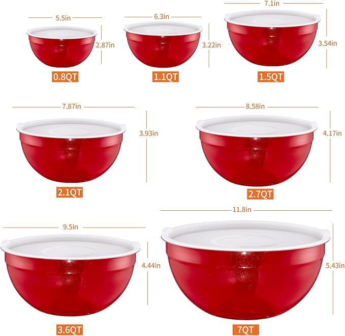 Red Mixing Bowls with Airtight Lids, Stainless Steel Nesting Mixing Bowls Set of 7, Ideal for Baking, Prepping and Serving Food, Size 7, 3.6, 2.7, 2.1, 1.5, 1.1,0.8 QT, Stackable Design