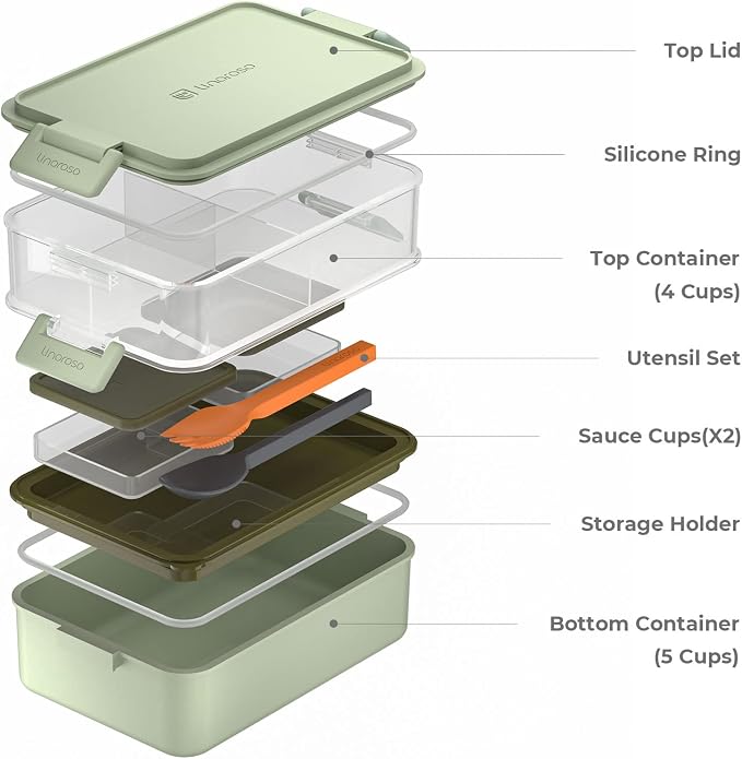Stackable 2-Tier Adult Bento Box, 4 Compartments - Pale Mint | leakproof bento lunch box with fork & spoon + sauce cups, microwave/dishwasher safe, perfect for office, school & daily meals