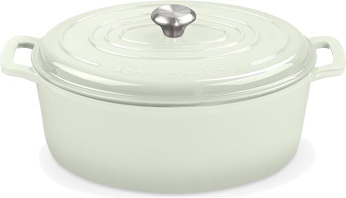 Signature Enameled Cast Iron Oval Dutch Oven | Non-Stick Serving Pot with Tight Fitting Lid for Perfect Roasting, Baking, Sauteing, and Bread Making | 5Q [Cream]