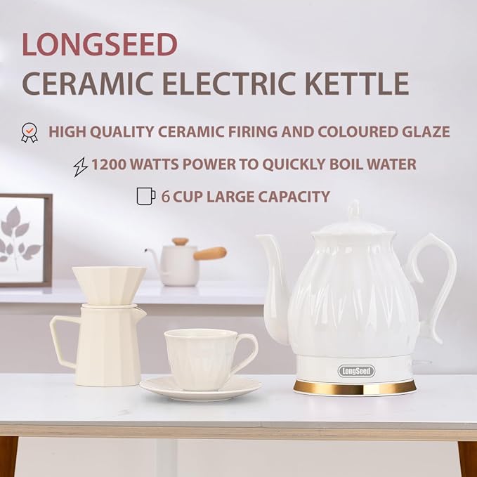 Ceramic Electric Kettle, 1.5L/1200W Boil Water Quickly and Easily with Boil-Dry Protection Auto Shut Off, Detachable Swivel Base, Diamond Cut Glazed