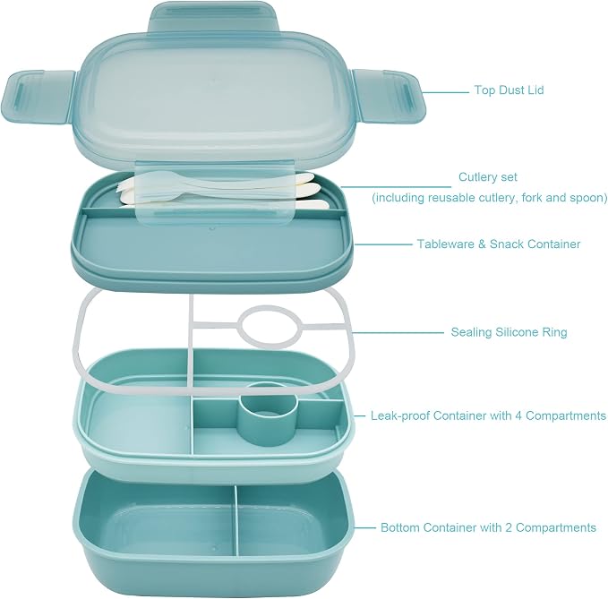 JBGOYON Leakproof Bento Box & Insulated Lunch Bag Set, 4-Piece, Gray/Green | 6-hour thermal retention, includes nested knife fork spoon, 2 reusable snack pouches, designed for adults and kids