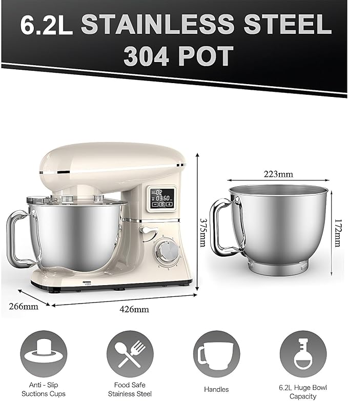 Stand Mixer with LED Display & Timer 6.5QT Stainless Steel Bowl, 1350W 6-Speeds Electric Kitchen Stand Up Mixer for Baking Cakes Cookie Bread Salad Food with Egg Whisk, Dough Hook, Beater - White