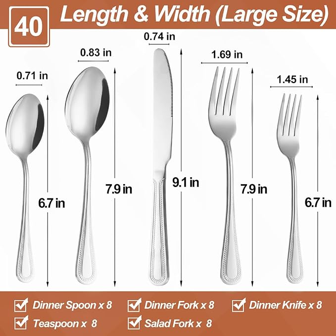 40 Pcs Silverware Set for 8, Food Grade Stainless Steel Flatware Set, Eating Utensils Sets Include Fork/Knife/Spoon, Reusable Cutlery Set for Home Kitchen, Dishwasher Safe, Pearl-edged