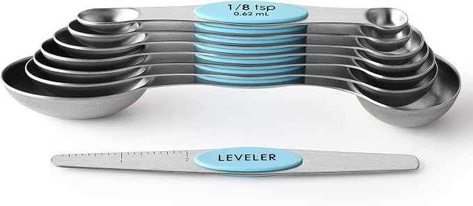 Spring Chef Stainless Steel 8 Magnetic Measuring Spoons, 2 Pack, Aqua Sky | Nesting Metal Teaspoon & Tablespoon Measuring Spoons with Leveler for Dry & Liquid Ingredients, Dual Sided, Dishwasher Safe